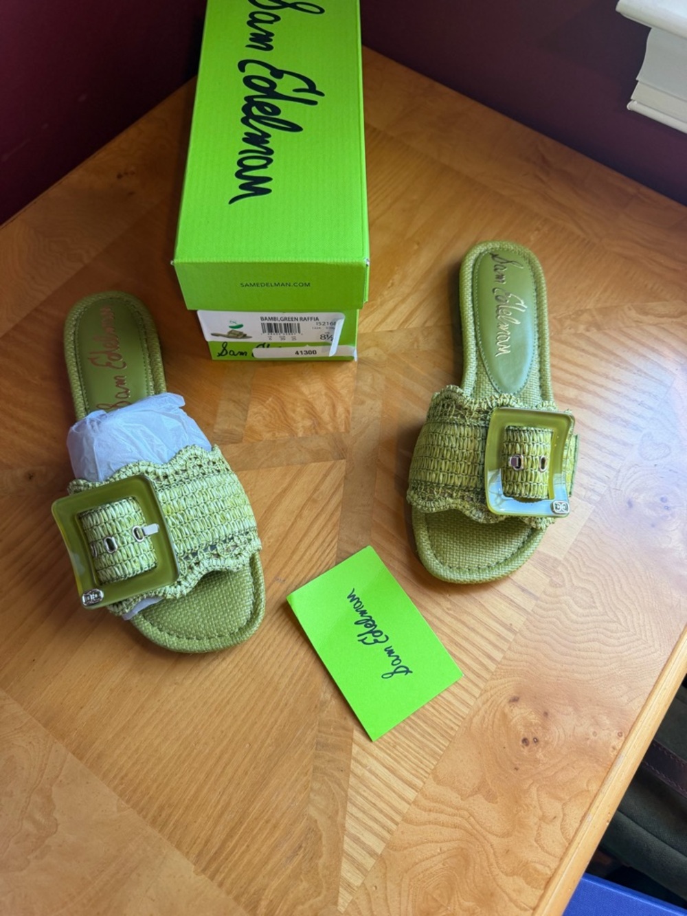 Sam Edelman Women's Green raffia Bambi Slide Sandals with Buckle
